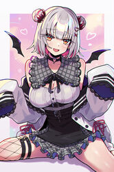  bare_shoulders belt black_belt black_choker black_skirt blush border breasts choker cleavage commentary demon_girl demon_wings double_bun dress_shirt feet_out_of_frame female fishnet_thighhighs fishnets frilled_skirt frills hair_bun heart_o-ring high-waist_skirt highres indie_virtual_youtuber jacket large_breasts long_hair looking_at_viewer medium_hair miniskirt muco_lita multicolored_hair o-ring o-ring_choker off_shoulder open_clothes open_jacket open_mouth orange_eyes outside_border pink_background pink_hair shirt single_thighhigh sitting skirt sleeves_past_fingers sleeves_past_wrists smile solo suou_patra thighhighs underbust virtual_youtuber white_border white_jacket white_shirt wings 