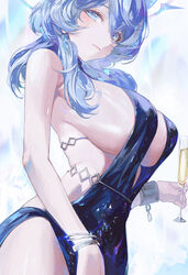  ako_(blue_archive) ako_(dress)_(blue_archive) backless_dress backless_outfit bare_shoulders blue_archive blue_dress blue_eyes blue_hair blue_halo blush breasts cuffs dress egoswans female hair_between_eyes halo large_breasts long_hair looking_at_viewer official_alternate_costume plunging_neckline shackles sideboob simple_background sleeveless sleeveless_dress solo white_background 