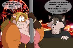  2015 amusement_park amusement_ride anthro big_breasts blonde_hair bodily_fluids breasts brown_hair canid canine canis clothed clothing digital_media_(artwork) dress duo female ferris_wheel fox hair male mammal michelle_(xxsparcoxx) obese obese_anthro obese_female open_mouth overweight overweight_anthro overweight_female shirt spanish_text sweat text topwear translation_request wildert_(xxsparcoxx) wolf xxsparcoxx 