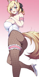  alternate_costume animal_ear_fluff animal_ears arknights arm_strap ass blonde_hair breasts female fishnet_pantyhose fishnets frilled_straps hand_on_own_chest highres horse_ears horse_girl horse_tail large_breasts leotard pantyhose playboy_bunny qingshuisi_yu_ji short_eyebrows simple_background smile solo standing standing_on_one_leg tail thick_eyebrows thigh_strap whislash_(arknights) white_leotard 