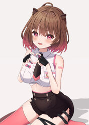  :d absurdres animal_ear_piercing awaiaka black_gloves black_necktie black_ribbon black_shorts blush breasts brown_hair capybara_ears capybara_girl collared_shirt commentary_request crop_top earrings female fingerless_gloves foot_out_of_frame gloves gradient_hair grey_background hair_between_eyes heart heart_hands highres jewelry large_breasts leg_ribbon looking_at_viewer medium_bangs midriff multicolored_hair nanashi_inc. navel necktie open_mouth pink_eyes pink_hair pink_thighhighs ribbon seiza shirt short_hair short_shorts shorts simple_background single_earring single_thighhigh sitting sleeveless sleeveless_shirt smile solo thighhighs virtual_youtuber white_shirt yunohara_izumi 