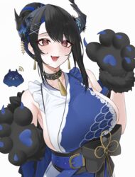  @_@ animal_hands asymmetrical_horns black_hair blue_hair blue_kimono breasts collar cosplay demon_horns dog_paws earrings female fuwawa_abyssgard fuwawa_abyssgard_(cosplay) fuwawa_abyssgard_(new_year) gloves hair_bun highres hololive hololive_english horns jailbird_(nerissa_ravencroft) japanese_clothes jewelry kimono large_breasts mintz912 mole mole_under_eye multicolored_hair nerissa_ravencroft paw_gloves red_eyes sideboob sideless_kimono sleeveless sleeveless_kimono spiked_collar spikes two-tone_hair virtual_youtuber 