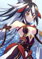  armor bare_shoulders black_hair black_shirt black_skirt breasts center_opening detached_sleeves facial_mark fate/grand_order fate_(series) female forehead_mark gold_trim hair_between_eyes halterneck high_ponytail highres hip_vent japanese_armor layered_skirt long_hair looking_at_viewer medium_breasts multicolored_hair nagao_kagetora_(fate) ryofuhiko shirt sidelocks skirt smile solo two-tone_hair uesugi_kenshin_(fate) uesugi_kenshin_(third_ascension)_(fate) very_long_hair white_hair white_skirt wide_sleeves yellow_eyes 