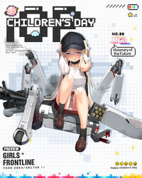  battery_indicator black_hat black_socks black_vest blonde_hair blush breasts broken brown_footwear character_name children&#039;s_day closed_mouth collar commentary company_name container copyright_name embarrassed english_commentary female full_body girls&#039;_frontline grid_background gun hair_between_eyes half-closed_eyes hat headwear_pull highres long_hair long_sleeves looking_at_viewer machine machine_gun medium_breasts mg3 mg3_(girls&#039;_frontline) mg3_(visionary_of_the_future)_(girls&#039;_frontline) non-humanoid_robot object_request official_alternate_costume official_art panties pantyshot peaked_cap plaid plaid_skirt planet red_skirt robot second-party_source shirt sidelocks sitting skirt smoke socks solo star_(symbol) torn_clothes torn_shirt torn_sleeves touko_(kira2yue) underwear very_long_hair vest weapon wet wet_clothes wet_shirt white_panties white_shirt wire 