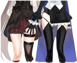  2girls belt black_belt black_gloves black_shirt brown_hair clothes_lift commentary eus_ing frilled_skirt frills gloves hickey holding_another&#039;s_thighs hololive hololive_english long_hair long_sleeves lower_body multiple_girls nanashi_mumei nanashi_mumei_(1st_costume) ouro_kronii ouro_kronii_(1st_costume) pleated_skirt shirt skirt skirt_lift strap symbol-only_commentary thigh_strap very_long_hair virtual_youtuber white_shirt yuri 