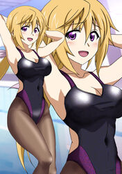  arms_behind_head black_one-piece_swimsuit black_pantyhose blonde_hair breasts charlotte_dunois competition_swimsuit covered_navel feet_out_of_frame female highleg highleg_swimsuit infinite_stratos kuroda_ariake large_breasts long_hair low_ponytail medium_breasts multiple_views one-piece_swimsuit pantyhose pantyhose_under_swimsuit purple_eyes standing swimsuit zoom_layer 