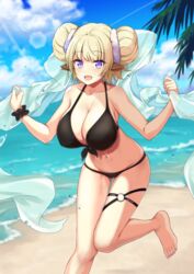  absurdres animal_ears aqua_nails ass_visible_through_thighs bare_arms bare_shoulders barefoot beach bikini black_bikini blonde_hair blue_sky blurry blurry_background breasts cleavage cloud collarbone day double_bun female foot_out_of_frame foot_up frilled_wristband frills front-tie_bikini_top front-tie_top groin hair_bun hands_up highres holding indie_virtual_youtuber knees_together_feet_apart large_breasts leaning_forward lens_flare light_rays meruru_merca nail_polish navel o-ring ocean open_mouth outdoors palm_tree purple_eyes rgrey00 short_hair sky smile solo sparkle sunlight swimsuit teeth thigh_gap thigh_strap toenail_polish toenails tree upper_teeth_only virtual_youtuber water_drop wet 