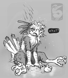  2024 4_toes accipitriform ambiguous_gender anisodactyl anthro avian avian_feet bathing bird bombird clara_(bombird) claws english_text feathers feet female_(lore) floor grey_background greyscale humor long_claws looking_at_viewer monochrome nude rubber_duck ruffled_feathers secretary_bird shower showering simple_background sitting text tile tile_floor toes watermark wet 