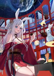  :d animal animal_ears blue_eyes blunt_bangs blush breasts carrot cleavage criss-cross_halter cup datemaki_(food) dome earth_(planet) female food food_request hair_ornament hair_rings halterneck highres holding holding_cup holding_teapot indoors japanese_clothes kanzashi kimono long_hair looking_at_viewer mochi moon night night_sky obi off_shoulder open_mouth original planet rabbit rabbit_ears rabbit_girl railing red_kimono sash seiza shiroichigo short_kimono sitting sky skylight_(architecture) smile solo star_(sky) starry_sky table teapot two_side_up wagashi white_hair 