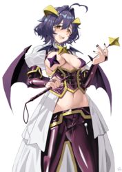  absurdres ahoge black_hair black_nails breastless_clothes breasts corset cowboy_shot cross cross-shaped_pupils cross_facial_mark cross_pasties demon_wings facial_mark fangs female highres hiiragi_utena holding holding_riding_crop horns kuuhaku_(pskf2372) looking_at_viewer low_wings lowleg lowleg_pants magia_baiser mahou_shoujo_ni_akogarete medium_breasts navel open_mouth pants pasties purple_corset purple_pants purple_pasties riding_crop short_hair showgirl_skirt shrug_(clothing) simple_background solo stomach symbol-shaped_pupils white_background white_shrug wings yellow_eyes yellow_horns 