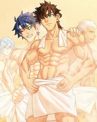  4boys abs absurdres alternate_hairstyle bags_under_eyes bara black_hair blue_eyes brown_hair earrings fate/grand_order fate_(series) fujimaru_ritsuka_(male) grey_hair grin hair_between_eyes hair_over_one_eye hand_on_another&#039;s_shoulder hand_on_own_hip hands_on_own_hips highres japanese_clothes jewelry kadoc_zemlupus kimono looking_at_another male_focus miyamoto_iori_(fate) multiple_boys naked_towel nipples one_eye_closed open_mouth ptolemy_(fate) sauna short_hair smile steam towel towel_around_neck towel_around_waist wet white_towel yaekaidou yellow_eyes 