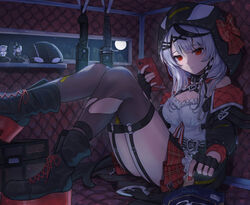  animal_hood ao_ne bad_id bad_pixiv_id belt_collar black_collar black_footwear black_garter_straps black_gloves black_hair black_jacket black_thighhighs braid breasts camisole cellphone collar female fingerless_gloves garter_straps gloves grey_hair hair_ornament hairpin holding holding_phone hololive hood jacket knife large_breasts looking_at_viewer medium_hair multicolored_hair nail_polish orca_hood pendant_collar phone red_eyes red_jacket red_nails red_skirt sakamata_chloe sakamata_chloe_(1st_costume) shoes single_braid skirt smartphone solo streaked_hair thighhighs torn_clothes torn_thighhighs two-sided_fabric two-sided_jacket virtual_youtuber weapon white_camisole x_hair_ornament 