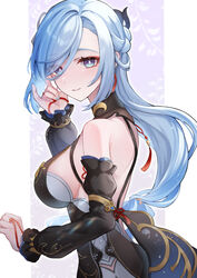  absurdres backless_dress backless_outfit bare_shoulders black_dress black_sleeves blue_hair blue_nails border breasts china_dress chinese_clothes detached_sleeves dress female from_side genshin_impact grey_eyes hair_ornament half_updo hand_up highres large_breasts long_hair long_sleeves looking_at_viewer low-tied_long_hair mugita_(mokankan) nail_polish official_alternate_costume official_alternate_hairstyle parted_bangs parted_lips purple_background shenhe_(frostflower_dew)_(genshin_impact) shenhe_(genshin_impact) sideless_dress sidelocks sleeveless sleeveless_dress solo upper_body very_long_hair white_border white_hair 