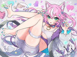  alternate_costume animal_ear_fluff animal_ears barefoot belt belt_collar blue_nails blush breasts butterfly_hair_ornament camisole collar commentary_request feet feet_up female full_body fur-trimmed_jacket fur_trim green_eyes hair_ornament hands_up jacket large_breasts long_hair long_sleeves looking_at_viewer muco_lita nail_polish nijisanji nijisanji_kr open_clothes open_jacket pink_hair purple_belt sheep shorts solo thigh_strap toenail_polish toenails tongue tongue_out very_long_hair virtual_youtuber white_camisole white_jacket white_shorts yang_nari 