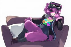  alpaca anthro bottomless camelid clothed clothing dj_bop dragonheart07 electronics epic_games featureless_crotch female fortnite furniture green_eyes hair headphones hooves jacket mammal purple_body sofa solo topwear visor 