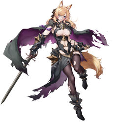  absurdres alternate_costume animal_ears arknights black_cape blonde_hair blood blood_on_face blue_eyes breasts cape center_opening chinese_commentary cleavage female full_body fur_trim gauntlets highres holding holding_sword holding_weapon horse_ears horse_girl horse_tail leg_up navel qingshuisi_yu_ji short_eyebrows simple_background smile sword tachi-e tail thick_eyebrows thighhighs torn_cape torn_clothes torn_thighhighs weapon whislash_(arknights) white_background 