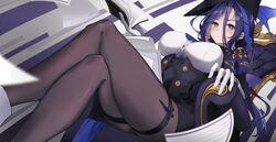  absurdres ankle_boots armchair ascot black_corset black_pantyhose black_skirt blue_ascot blue_hair book boots breasts buttons chair clorinde_(genshin_impact) closed_mouth corset crossed_legs dark_blue_hair epaulettes feet_out_of_frame female framed_breasts genshin_impact gloves hair_between_eyes hat highres holding holding_book large_breasts legs light_frown long_hair looking_at_viewer mcoco7 multicolored_hair on_chair open_book pantyhose pencil_skirt purple_eyes shirt sitting skirt solo streaked_hair taut_clothes taut_shirt thigh_strap tricorne very_long_hair white_gloves white_shirt 