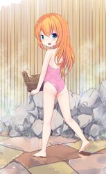  ass barefoot blonde_hair blue_eyes feet female from_behind full_body legs long_hair looking_at_viewer looking_back one-piece_swimsuit onsen open_mouth original outdoors pink_one-piece_swimsuit qkracho_(thesdroz) smile soles solo steam strapless strapless_one-piece_swimsuit swimsuit thighs toes walking 