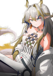  absurdres aqua_eyes arknights bare_shoulders blonde_hair breasts coat colored_skin dragon_girl dragon_horns dragon_tail earrings epitaph_(ryaf8834) female hair_between_eyes hair_intakes highres horns jewelry long_hair long_sleeves looking_at_viewer medium_breasts multicolored_hair necklace off_shoulder open_clothes open_coat pointy_ears red_pupils shirt shu_(arknights) simple_background sitting smile solo strapless strapless_shirt streaked_hair tail tassel tassel_earrings white_background white_hair yellow_horns yellow_skin 