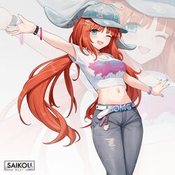  ;d alternate_costume animal_ears arm_up baseball_cap belt blue_eyes blue_nails breasts cbmus clothes_writing commentary cosplay cowboy_shot crop_top denim ears_through_headwear fake_animal_ears female genshin_impact grey_hat grey_pants hair_ornament hairclip hanni_(newjeans) hanni_(newjeans)_(cosplay) hat highres k-pop long_hair looking_at_viewer low_twintails medium_breasts midriff nail_polish navel newjeans nilou_(genshin_impact) omg_(newjeans) one_eye_closed open_mouth outstretched_arms pants rabbit_ears red_hair second-party_source shirt short_sleeves smile solo standing stomach torn_clothes torn_pants twintails very_long_hair white_background white_shirt wristband zoom_layer 