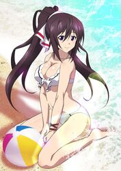  ball beach beachball bikini black_hair breasts cleavage commentary_request female front-tie_bikini_top front-tie_top hair_ribbon infinite_stratos kuroda_ariake large_breasts long_hair medium_breasts official_alternate_costume ponytail purple_eyes ribbon shinonono_houki solo split_ponytail swimsuit v_arms waves white_bikini white_ribbon 