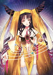  black_dress black_hair black_horns black_sleeves breasts closed_mouth clothing_cutout cowboy_shot dangle_earrings dress earrings eyeball fate/grand_order fate_(series) female forehead_tattoo gold_earrings gradient_dress gradient_sleeves groin horn_ornament horn_ring horns jewelry large_breasts long_hair long_sleeves looking_down merokonbu0 multicolored_hair multicolored_horns orbital_path parted_bangs pelvic_curtain pink_hair planet red_horns revealing_clothes sessyoin_kiara sessyoin_kiara_(beast_iii/r) side_cutout sideboob slit_pupils smile solar_system solo space spiral_horn stomach_cutout streaked_hair tassel thighhighs very_long_hair white_thighhighs wide_sleeves yellow_dress yellow_eyes yellow_sleeves yellow_veil 