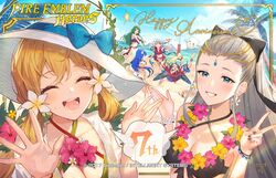  6+girls anniversary beach bikini bird black_bikini blonde_hair blue_eyes breasts caeda_(fire_emblem) caeda_(summer)_(fire_emblem) cecilia_(fire_emblem) cleavage criss-cross_halter eir_(fire_emblem) eir_(summer)_(fire_emblem) feh_(fire_emblem_heroes) fire_emblem fire_emblem:_mystery_of_the_emblem fire_emblem:_radiant_dawn fire_emblem:_shadow_dragon_and_the_blade_of_light fire_emblem:_the_binding_blade fire_emblem_heroes flower green_bikini grey_hair hair_ornament halterneck haru_(hiyori-kohal) hat large_breasts long_hair micaiah_(fire_emblem) micaiah_(summer)_(fire_emblem) multiple_girls ocean official_alternate_costume official_art open_mouth outdoors owl ponytail purple_bikini red_bikini smile sun_hat swimsuit triandra_(fire_emblem) v ymir_(fire_emblem_heroes) ymir_(summer)_(fire_emblem_heroes) 