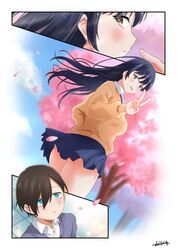  1boy absurdres ass black_hair blue_cardigan blue_skirt boku_no_kokoro_no_yabai_yatsu brown_eyes cardigan cherry_blossoms falling_petals female highres ichikawa_kyoutarou long_hair looking_at_viewer miniskirt multiple_views mutsuki_(mutsuki0110) outdoors parted_lips petals pleated_skirt profile school_uniform shirt short_hair signature skirt tree v white_shirt yamada_anna yellow_cardigan 