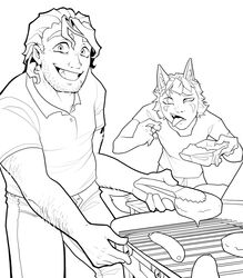  animal_humanoid beastkin_(gatobob) boyfriend_to_death canid canid_humanoid canine canine_humanoid claws clothed clothing dipstick_tail duo food fox_humanoid fully_clothed gatobob grill hi_res human humanoid line_art looking_at_viewer male mammal mammal_humanoid markings meat monochrome ren_hana smile strade_(gatobob) tail tail_markings tongue tongue_out 