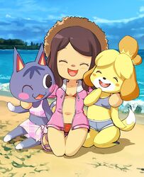  3girls accurate_art_style animal_crossing animal_crossing_girl animal_crossing_new_horizons anthro beach bikini hugging isabelle_(animal_crossing) looking_at_viewer mob_face muramasa_mikado murana_(muramasa_mikado) nintendo photo rosie_(animal_crossing) smiling source_request vacation year_request 