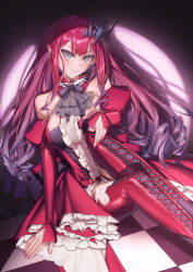  absurdres baobhan_sith_(fate) baobhan_sith_(first_ascension)_(fate) bare_shoulders blush boots breasts checkered_floor closed_mouth detached_sleeves dress fate/grand_order fate_(series) female frilled_dress frills grey_eyes hair_ornament highres long_hair looking_at_viewer pink_hair pointy_ears red_dress red_nails sidelocks sitting smile solo thigh_boots wariza zero_yee 