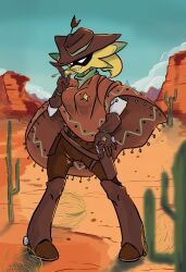  2024 absurd_res anthro biped boots bottomwear breasts cactus chaps clothed clothing cowgirl_outfit desert digital_drawing_(artwork) digital_media_(artwork) female footwear gesture gloves green_body gun gun_holster hair hand_gesture handwear hat headgear headwear hi_res humanoid kerchief plant poncho ponytail ranged_weapon rule_63 shadowed_eyes sharp_teeth sheriff sheriff_badge shoes short_ponytail smile snoutless solo standing star starlo_(undertale_yellow) teeth topwear tumbleweed undertale undertale_(series) undertale_yellow unknown_species weapon yellow_body 