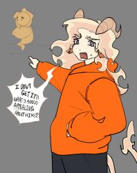  2024 2_horns absurd_res anthro biped bovid caprine clothing curved_horn fur goat hi_res hoodie horn looking_at_viewer male mammal orange_clothing orange_hoodie orange_topwear pubby_kat solo talking_to_viewer topwear white_body white_fur 