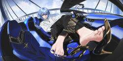  absurdres barefoot black_footwear black_gloves blue_eyes blue_hair blue_nails car crossed_legs female fuann gloves grin hair_between_eyes high_heels highres hololive hoshimachi_suisei jewelry looking_at_viewer motor_vehicle nail_polish necklace short_hair sitting smile solo toenail_polish toenails virtual_youtuber 