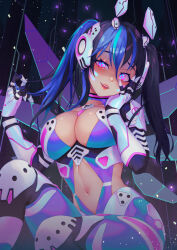  black_hair blue_hair bodysuit breasts cleavage clothing_cutout commission cyberpunk female hair_between_eyes hand_on_own_cheek hand_on_own_face headgear indie_virtual_youtuber long_hair multicolored_hair navel pink_eyes skeb_commission stomach_cutout streaked_hair suzuhiro symbol_in_eye twintails virtual_youtuber yuzupyon_(vtuber) 