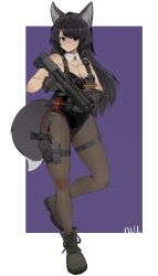  absurdres animal_ears artist_name backless_leotard black_eyes black_footwear black_gloves black_hair black_leotard black_pantyhose boots breasts bullpup cleavage collar commentary cross-laced_footwear detached_collar female full_body gloves gun handgun highres holding holding_gun holding_weapon holster holstered inset_border kel-tec_ksg leotard long_hair looking_at_viewer null_(user_zske3258) original pantyhose pump_action purple_background shotgun shotgun_shell simple_background skindentation symbol-only_commentary tail thigh_holster two-tone_background weapon weapon_request white_background white_collar 