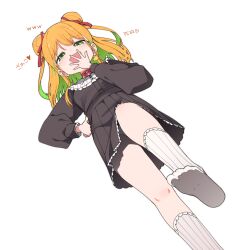  absurdres black_dress blush breasts choker double_bun dress feet female green_eyes green_hair hair_bun hair_ribbon hand_on_own_hip hand_to_own_mouth heart highres indie_virtual_youtuber long_sleeves looking_at_viewer luke_(dydansgur) open_mouth orange_hair panties pantyshot red_choker red_ribbon ribbon simple_background smug socks solo spoken_www tamura_mikan translation_request underwear virtual_youtuber white_background white_socks 