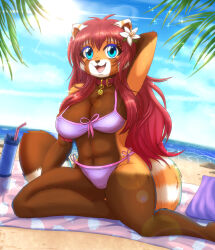  2024 absurd_res accessory ailurid anthro arm_tuft beach beach_towel beverage big_breasts bikini blue_eyes breasts brown_body brown_fur clothing collar eyelashes feet female flower flower_in_hair fur hair hair_accessory hand_behind_head hi_res inner_ear_fluff kneeling mammal markings open_mouth open_smile orange_body orange_fur outside plant purple_bikini purple_clothing purple_swimwear red_hair red_panda ring_(marking) ringed_tail saikyoryuuougi shoulder_tuft side-tie_bikini smile solo sparkles string_bikini striped_markings striped_tail stripes swimwear tail tail_markings towel tuft two-piece_swimsuit white_body white_fur 