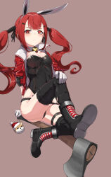  alternate_costume animal_ears axe bell black_leotard black_thighhighs boots cz75_(girls&#039;_frontline) detached_collar female full_body girls&#039;_frontline hair_ornament highres jacket leotard long_hair neck_bell playboy_bunny rabbit_ears red_eyes red_hair red_jacket solo stuffed_animal stuffed_toy thighhighs twintails zafuri_(yzrnegy) 