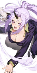  :d absurdres black_horns blush breasts chyko cleavage collared_shirt female floating_hair green_shirt highres holding holding_sword holding_weapon horns jacket lapels large_breasts long_hair looking_at_viewer office_lady oni open_mouth pants ponytail purple_eyes purple_hair purple_jacket purple_pants purple_suit shion_(tensei_shitara_slime_datta_ken) shirt simple_background single_horn smile smoke solo suit sword tensei_shitara_slime_datta_ken very_long_hair weapon white_background 