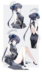  black_dress blue_archive braid braided_bun butterfly_hair_ornament china_dress chinese_clothes coat double_bun dragon_print dress female grey_coat grey_eyes grey_halo hair_bun hair_ornament halo highres jacket kisaki_(blue_archive) pelvic_curtain pinstripe_jacket pinstripe_pattern print_dress rio_(rio773) solo striped_clothes striped_jacket vertical-striped_clothes vertical-striped_jacket 