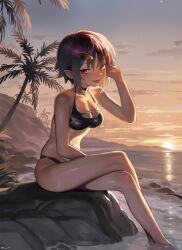  absurdres beach bikini black_bikini black_choker black_hair blush breasts choker cloud crossed_legs english_commentary evening fangs female hair_between_eyes hepari heterochromia highres indie_virtual_youtuber looking_at_viewer medium_breasts multicolored_hair orange_eyes outdoors palm_tree pointy_ears red_eyes rock short_hair sitting soaking_feet solo star_(sky) sunset swimsuit tokuichi_sakai tongue tongue_out tree twitter_username virtual_youtuber 