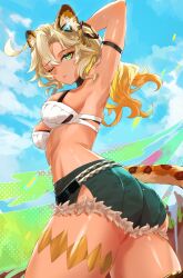  animal_ear_fluff animal_ears arm_behind_head ass blonde_hair blue_shorts blue_sky breasts commentary_request cowboy_shot crop_top cutoffs day denim denim_shorts eiihleeinq8wzfl female from_side genshin_impact green_eyes highres jaguar_ears jaguar_girl jaguar_tail large_breasts long_hair looking_at_viewer looking_to_the_side one_eye_closed outdoors parted_bangs short_shorts shorts sky solo stomach tail thighs xilonen_(genshin_impact) 