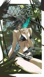  absurdres bare_arms bare_shoulders belt biquan_dogger bird black_bra black_hair black_rock_shooter black_rock_shooter_(character) black_shorts blue_eyes blue_fire bra crow female fire flaming_eye flat_chest highres long_hair navel short_shorts shorts solo twintails underwear uneven_twintails white_belt 