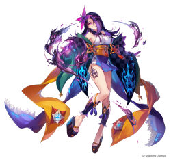  black_haori breasts dare_ga_tame_no_alchemist empty_eyes female flower full_body hair_over_one_eye haori japanese_clothes leg_tattoo long_hair no_socks obi official_art platform_footwear purple_flower purple_hair reida_(dare_ga_tame_no_alchemist) sash second-party_source shibuhiko shin_guards sideboob simple_background solo tattoo white_background 