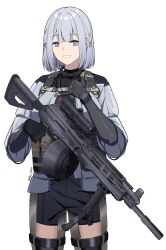  black_bodysuit black_shorts bodysuit commentary commission drum_magazine female girls&#039;_frontline grin gun highres holding holding_gun holding_weapon light_machine_gun looking_at_viewer machine_gun magazine_(weapon) medium_hair purple_eyes reia_76 rpk-16 rpk-16_(girls&#039;_frontline) shorts simple_background smile solo weapon white_background white_hair zettai_ryouiki 