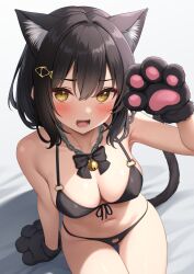  animal_ear_fluff animal_ears animal_hands animal_print bare_shoulders bell bikini black_bikini black_hair blush bob_cut breasts cat_cutout cat_ears cat_lingerie cat_print cat_tail cleavage clothing_cutout collarbone commentary_request female fish_hair_ornament front-tie_bikini_top front-tie_top gloves hair_ornament jingle_bell karutamo looking_at_viewer medium_breasts meme_attire navel open_mouth original paw_gloves paw_pose print_bikini short_hair simple_background sitting smile solo stomach swimsuit tail teeth thighhighs tongue white_background yellow_eyes 