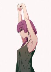  armpits arms_up bad_id bad_twitter_id bare_shoulders black_nails blunt_bangs bocchi_the_rock! bow braid closed_mouth commentary_request dress female from_side green_dress hair_over_shoulder hairbow highres hiroi_kikuri inactive_account interlocked_fingers long_hair lowlifescore nail_polish outstretched_arms own_hands_together profile purple_eyes purple_hair simple_background single_braid solo spaghetti_strap stretching upper_body 