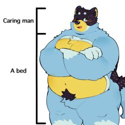  2024 anthro australian_cattle_dog bandit_heeler belly belly_overhang bluey_(series) blush body_hair canid canine canis cattledog claws crossed_arms domestic_dog english_text eyebrows featureless_crotch fur happy_trail herding_dog hi_res humor kemono looking_at_viewer male mammal mochitob moobs navel nude one_eye_closed open_mouth open_smile overweight overweight_anthro overweight_male pastoral_dog pubes simple_background smile solo standing text the_truth thick_thighs tuft white_background wink 