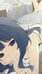  blue_eyes blue_hair female highres hiroki_(yyqw7151) looking_at_viewer lying make_heroine_ga_oo_sugiru! medium_hair on_stomach skirt solo white_skirt yamada_anna 